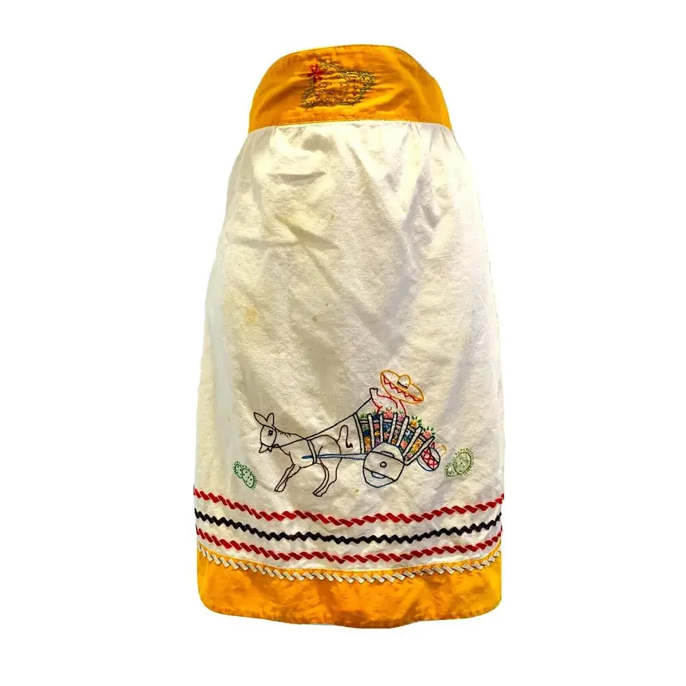 Vintage Apron Women White Yellow Waist Hand Embroidery Handmade Cotton Donkey